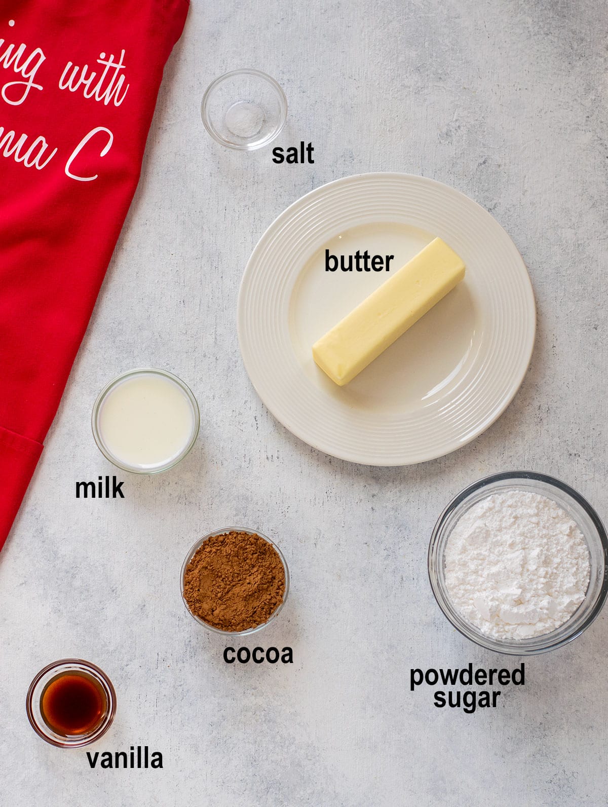 salt, butter, milk, vanilla, cocoa, powdered sugar