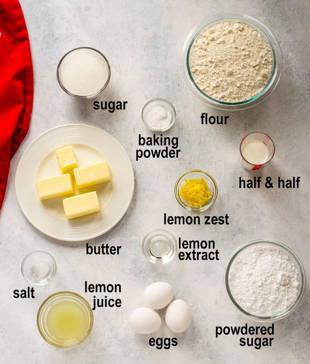 sugar, flour, baking powder, butter, lemon, eggs, salt, cream
