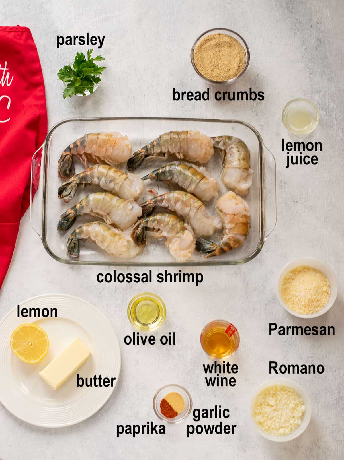 parsley, bread crumbs, lemon, jumbo shrimp, butter, oil, cheese, wine, spices