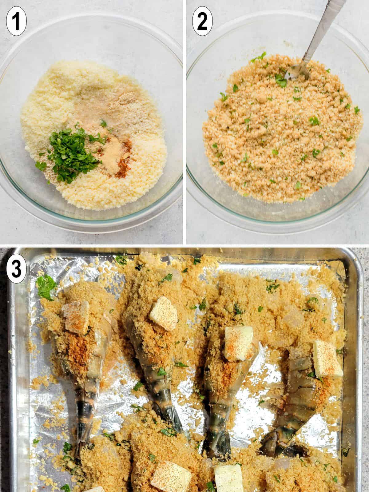 bread crumb mixture combined in bowl and stuffed in jumbo shrimp