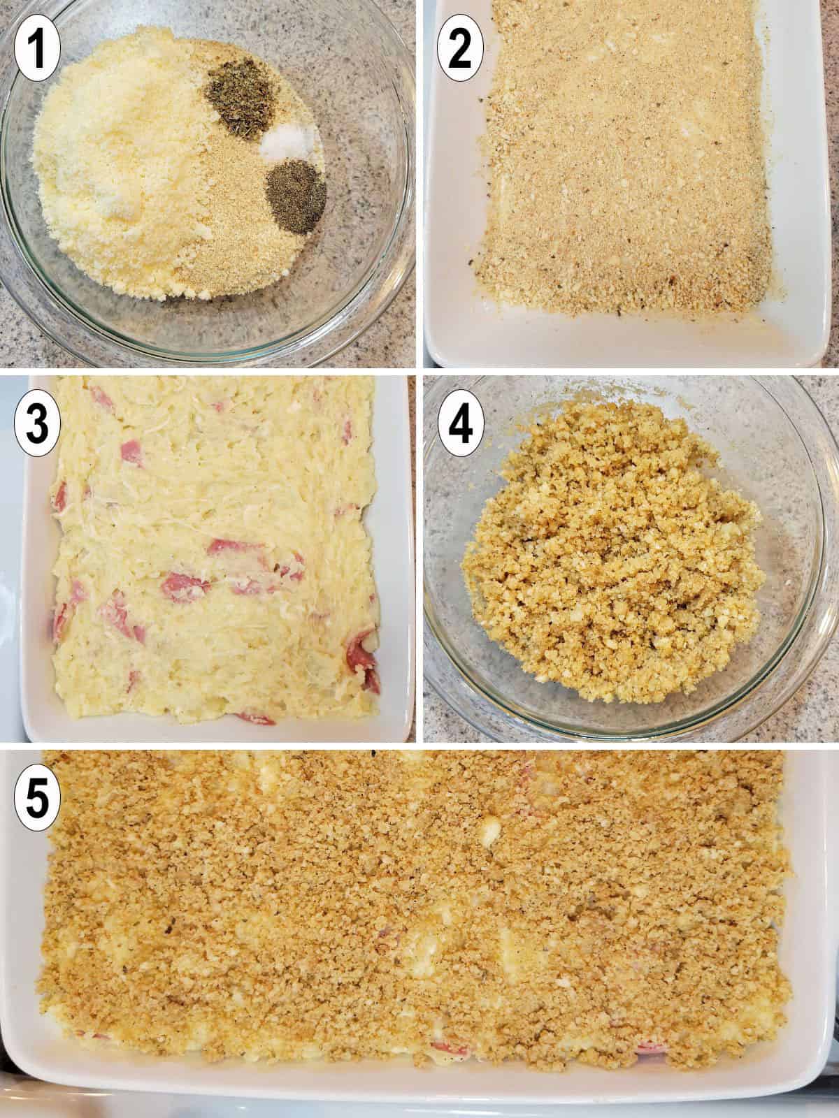 bread crumbs and mashed potatoes layered in casserole dish