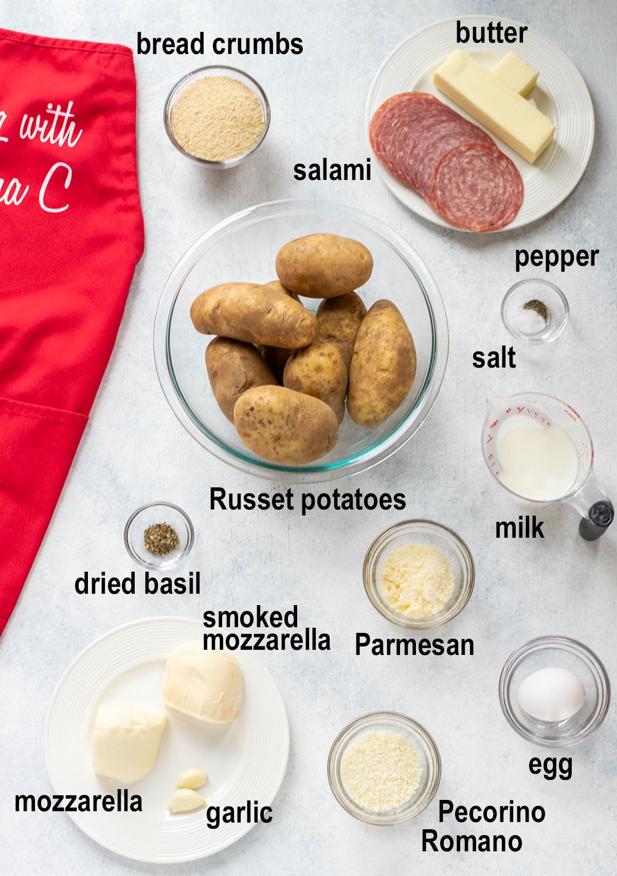 potatoes, butter, milk, salami, cheeses, spices, egg