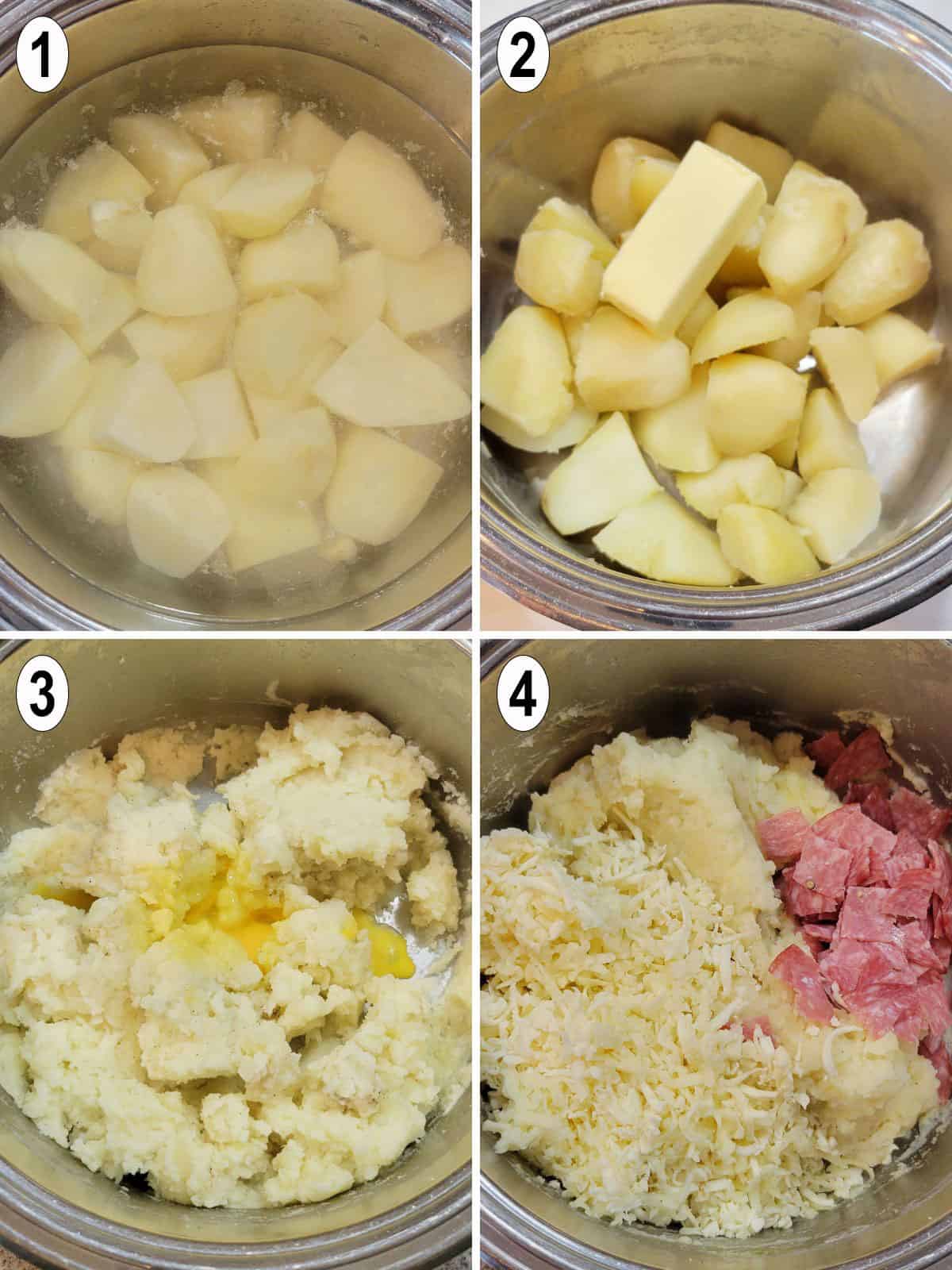 potatoes boiled and mashed with cheese and salami