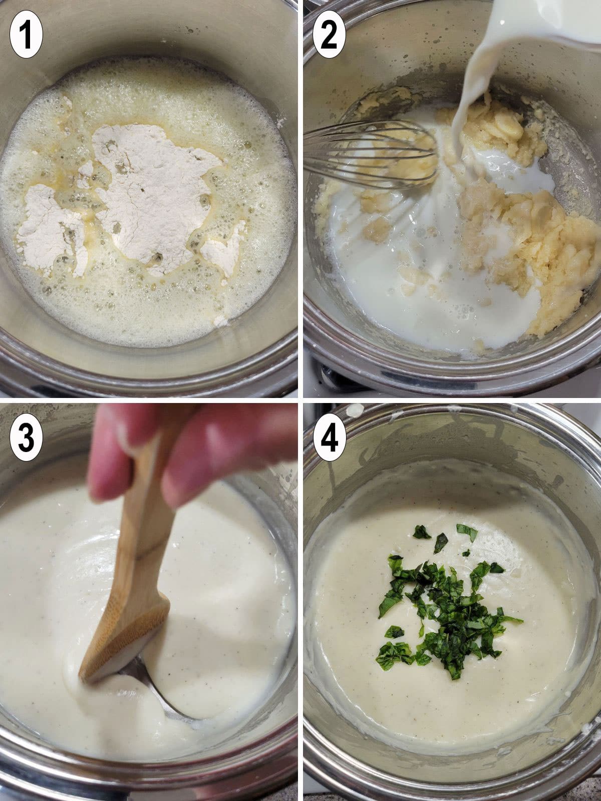 ingredients whisked in a pot to make bechamel sauce with basil