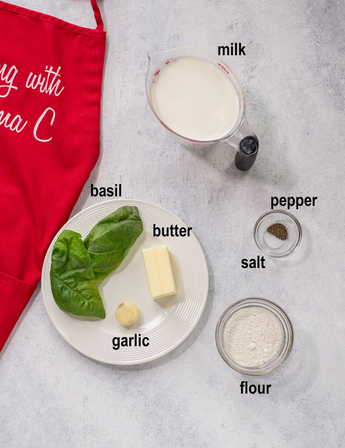 milk, basil, butter, salt, pepper, garlic, flour