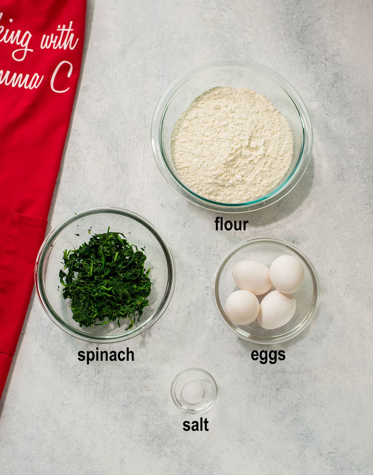 flour, spinach, eggs, salt