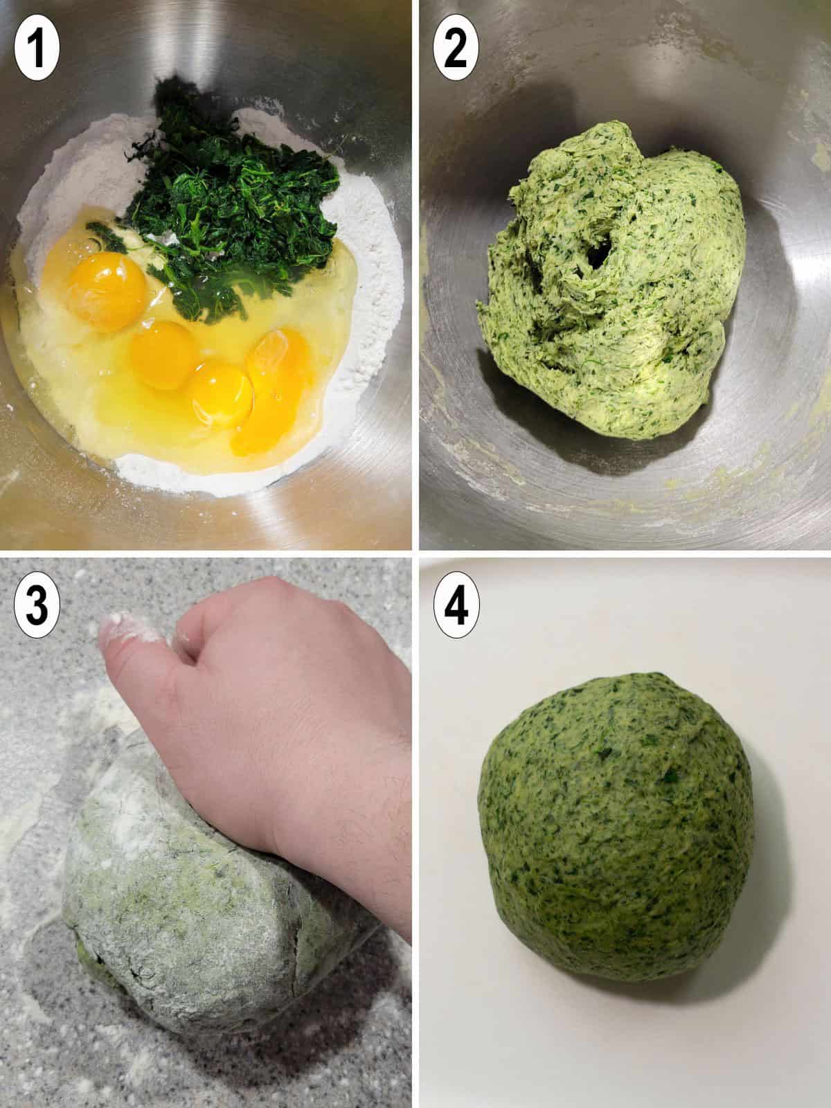 process of making and kneading spinach pasta dough