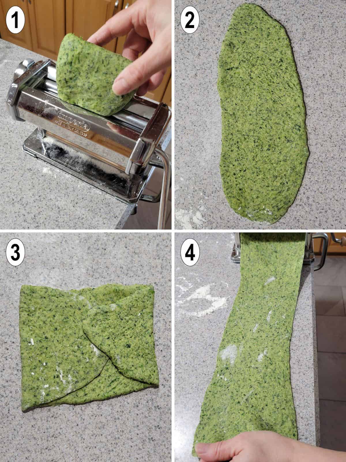 process of spinach pasta dough going through pasta machine
