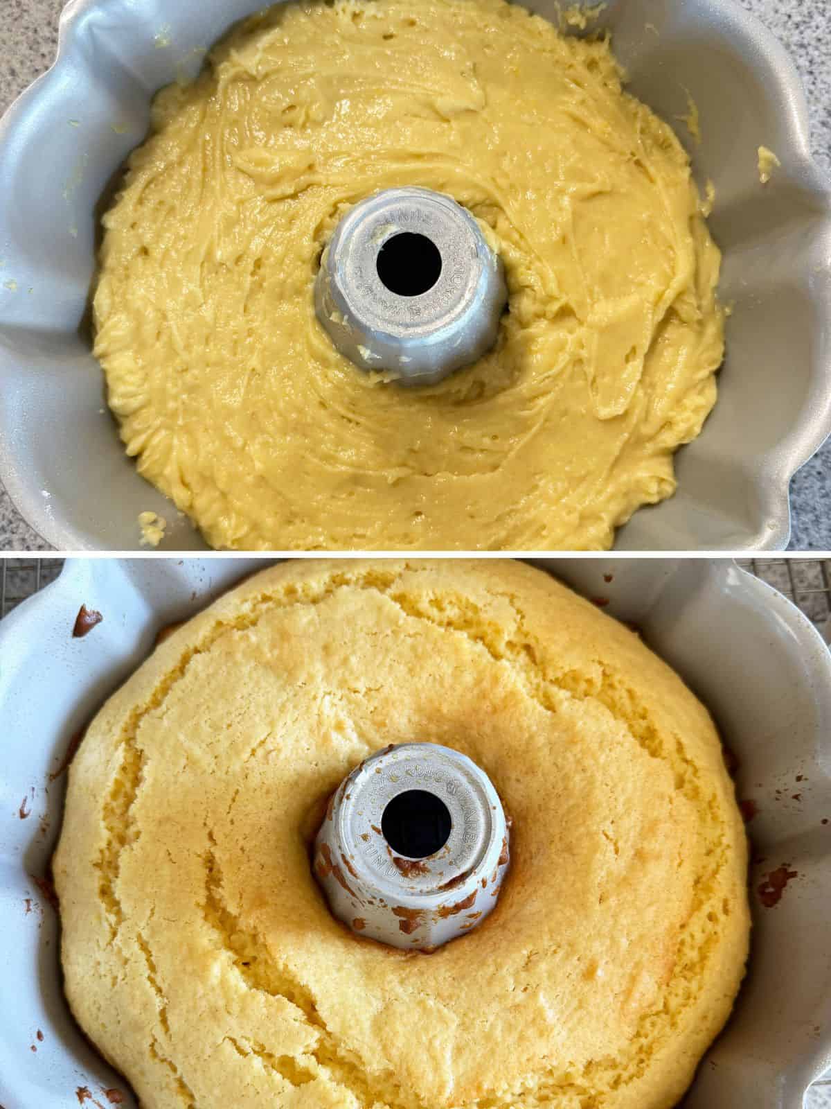 cake batter in a bundt pan then baked.