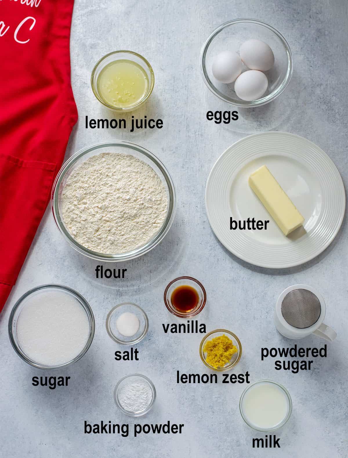 lemon, eggs, flour, butter, sugar, salt, milk, vanilla, baking powder
