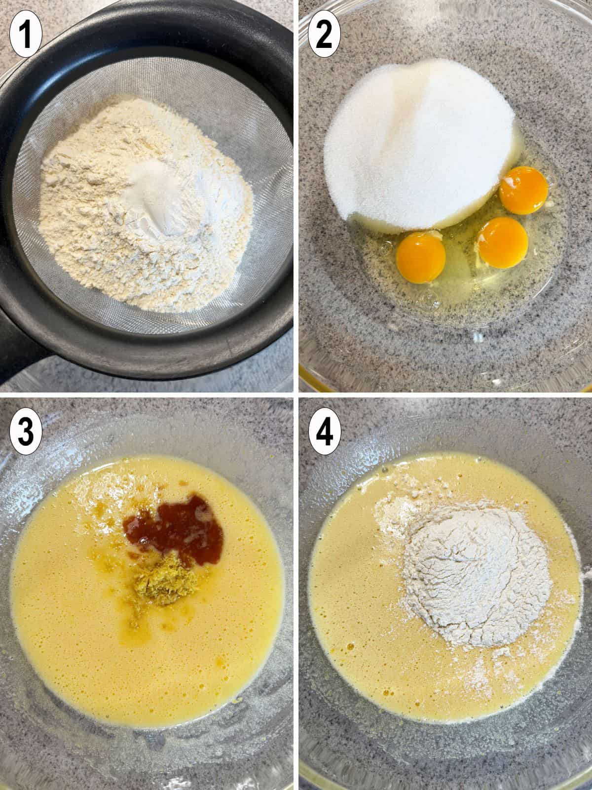cake batter made in bowl by sifting and mixing ingredients