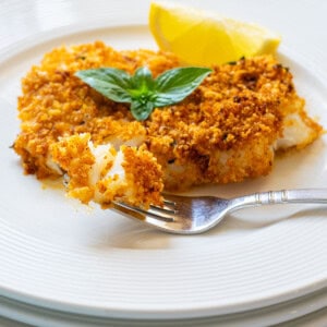 breaded cod on a plate with a fork-full and topped with basil