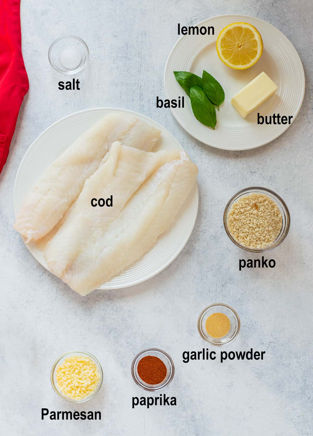 salt, basil, lemon, butter, cod, panko, parmesan, paprika, garlic powder