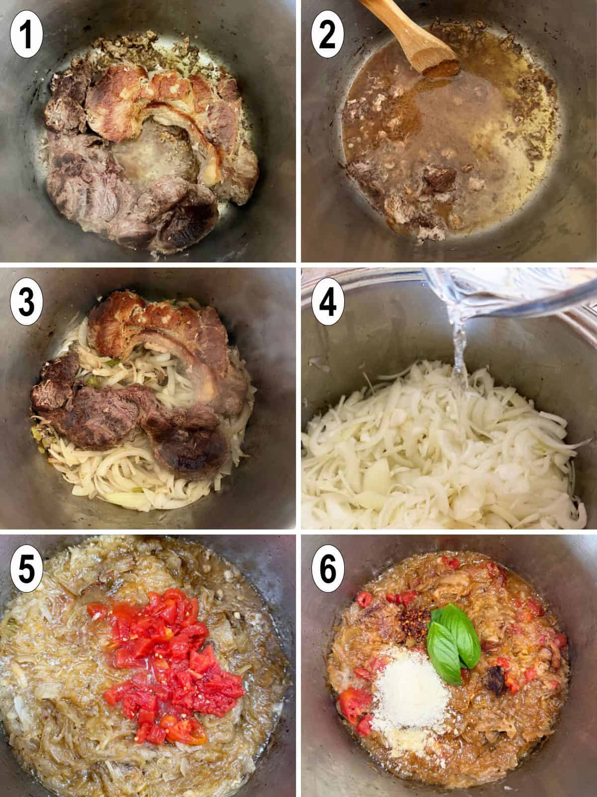 meat cooked. onions added. water, tomatoes and cheese added to sauce