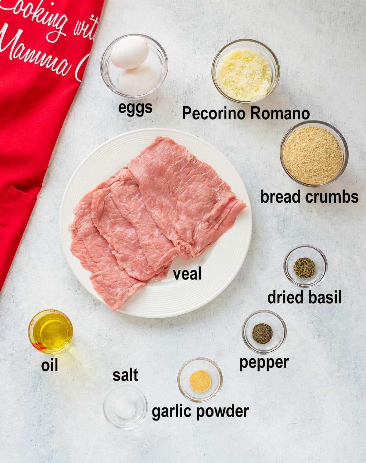 eggs, pecorino romano, breadcrumbs, veal, basil, oil, salt, pepper, garlic powder
