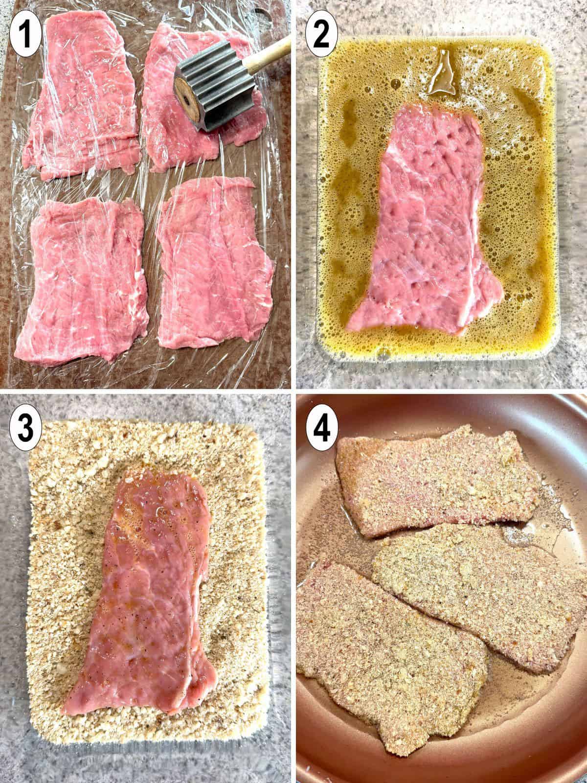 veal cutlets pounded, dipped in egg then breadcrumbs. fried in a pan