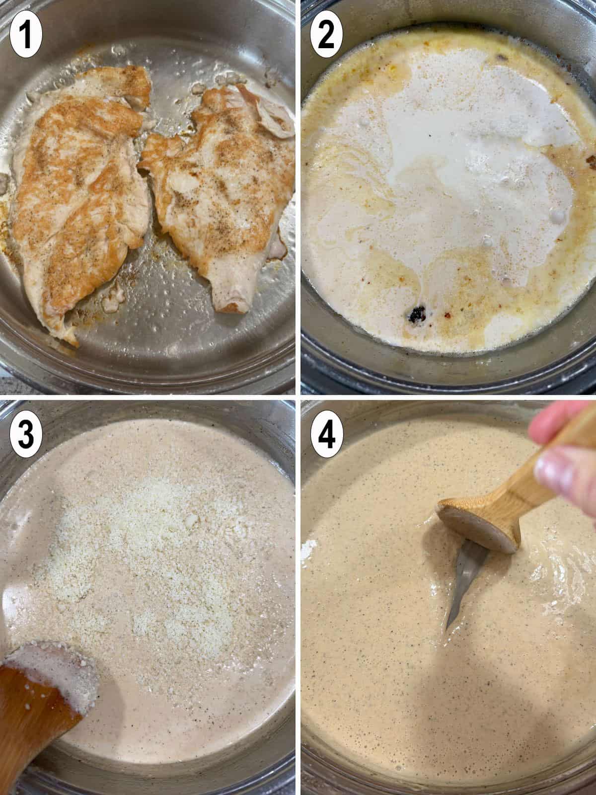 chicken cooked in pan. cream and butter added to make alfredo sauce