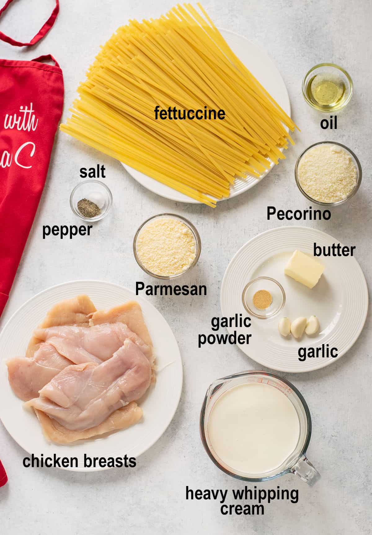 fettuccine, oil, salt, pepper, Pecorino, Parmesan, butter, garlic, chicken, cream